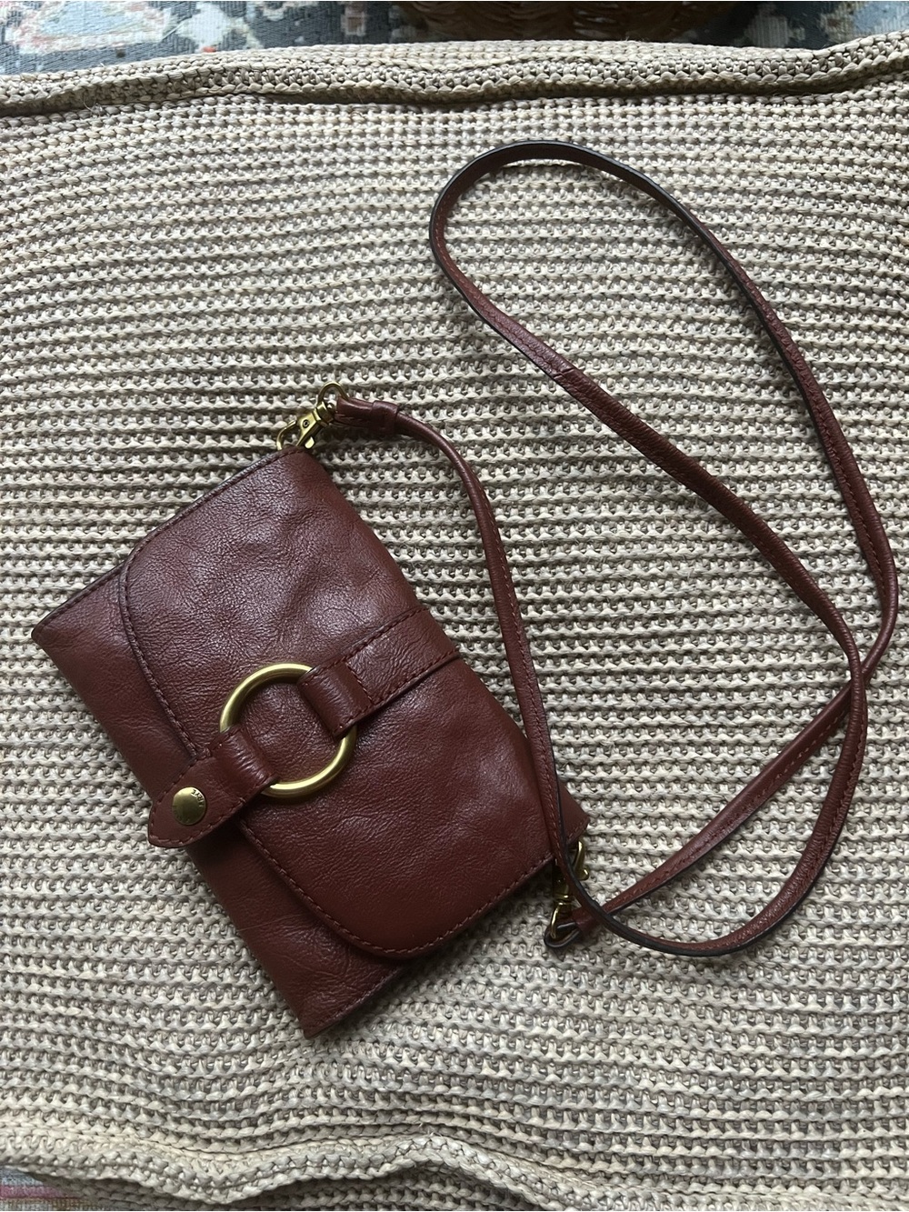 Frye Chestnut Brown Leather Crossbody with Brass Ring